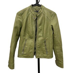 Baccini Womens Olive Green Faux Leather Moto Jacket Zip Pockets